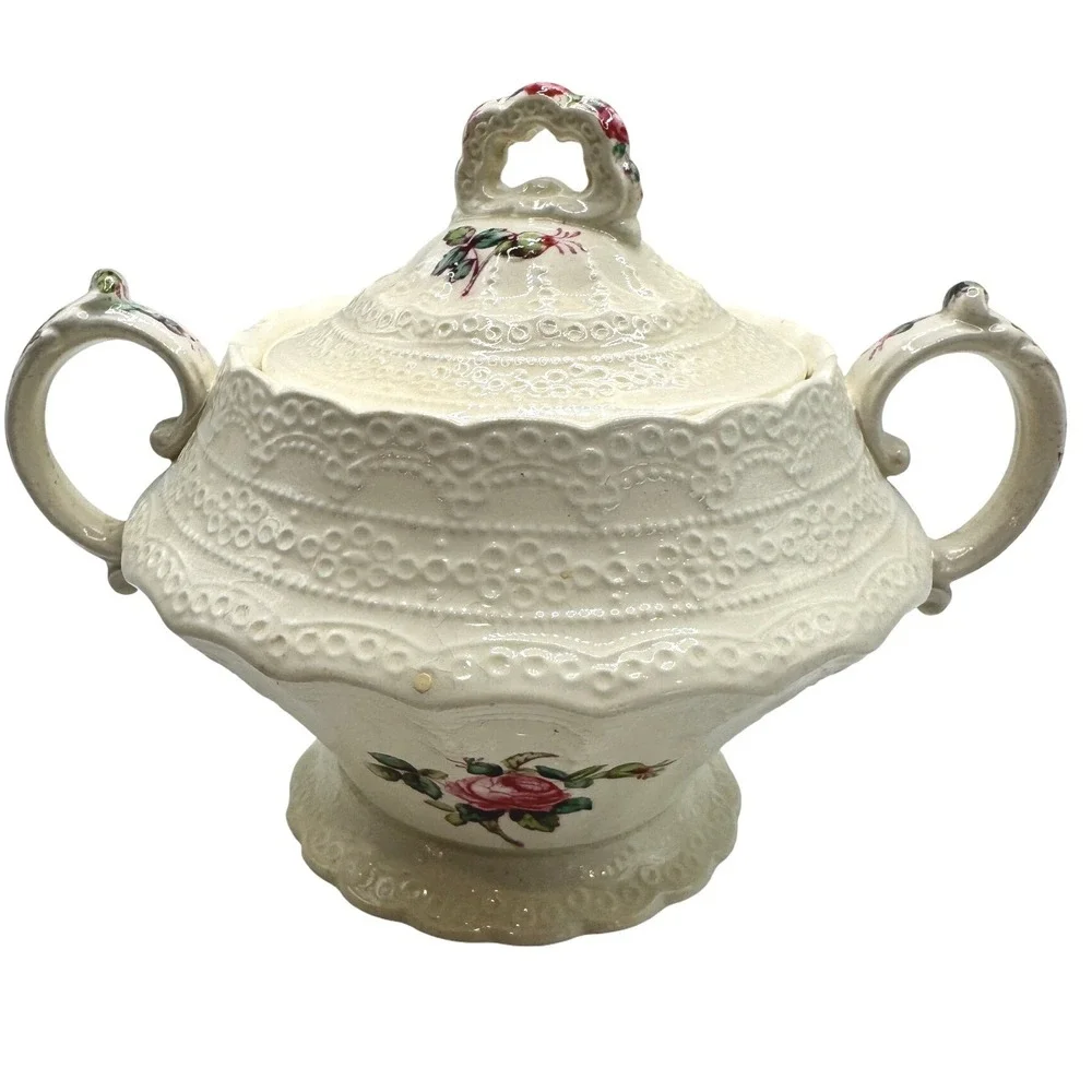 Spode Jewel Copeland England Sugar‎ Bowl Footed Rose Floral Lid Antique